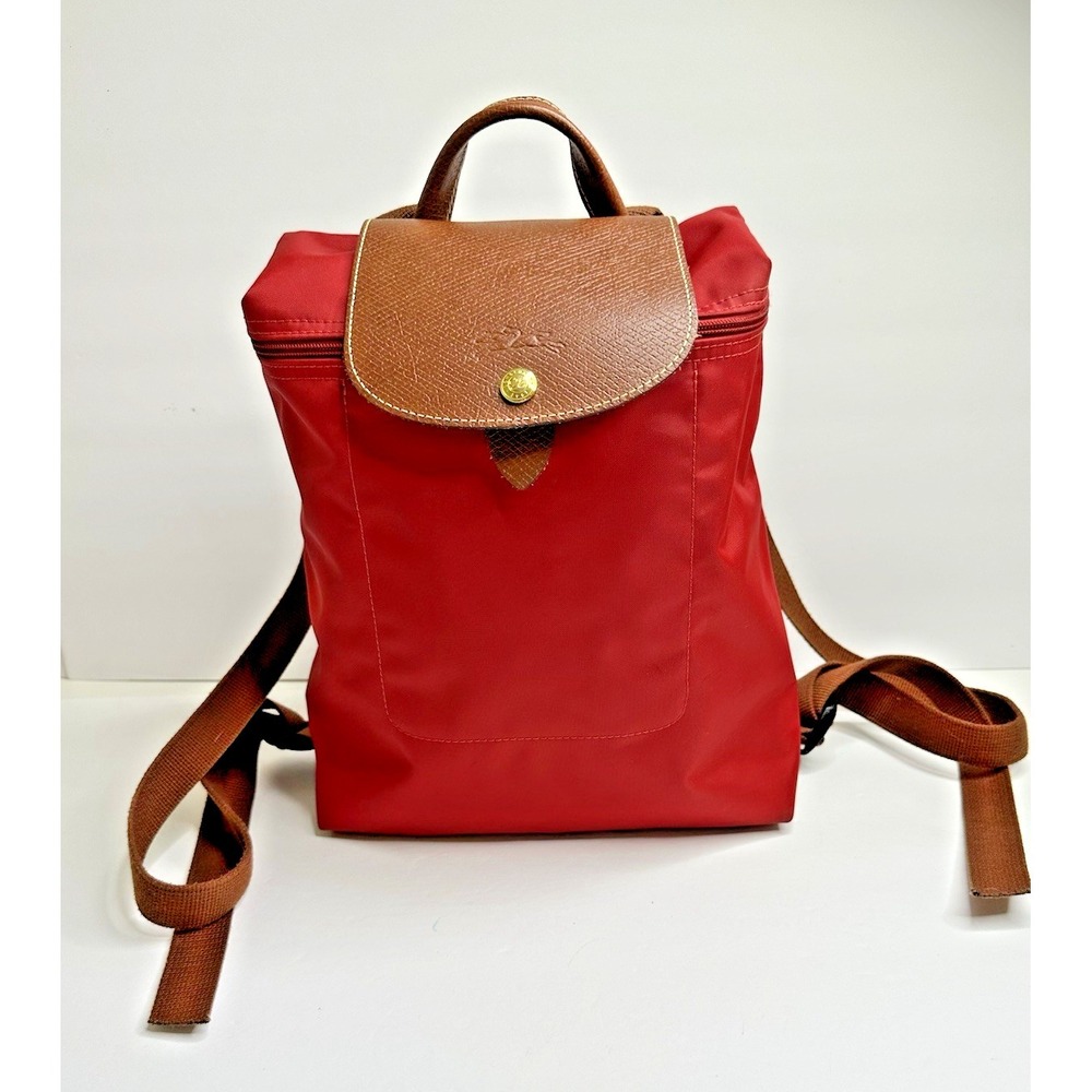 Longchamp Red Nylon Le Pliage Backpack Purse Brown Leather Flap Paris